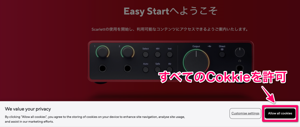 「Allow all cookies」をクリック(お好みで)