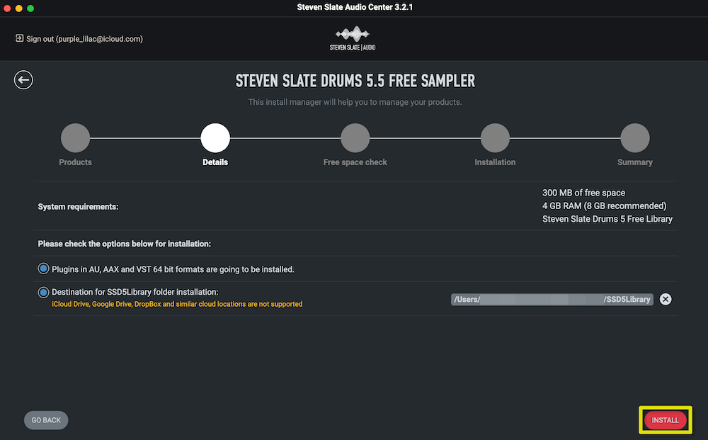 「INSTALL」をクリック
