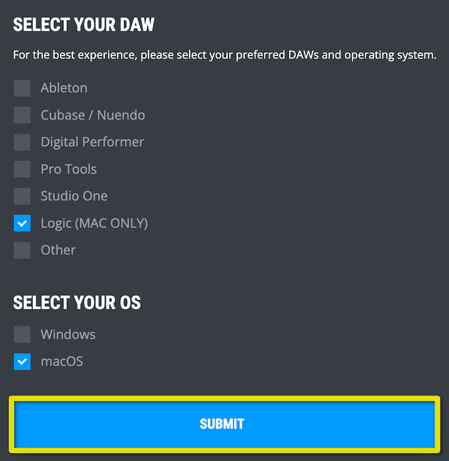 使用しているDAWとOSにチェックを入れて「SUBMIT」をクリック