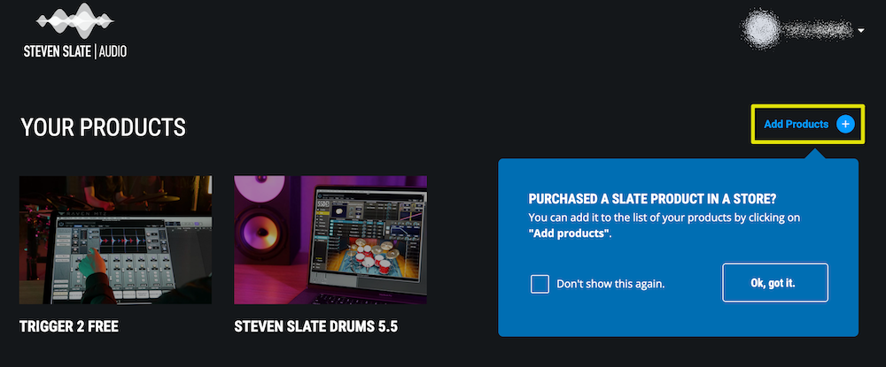Steven Slate AudioにログインしてAdd Productsをクリック