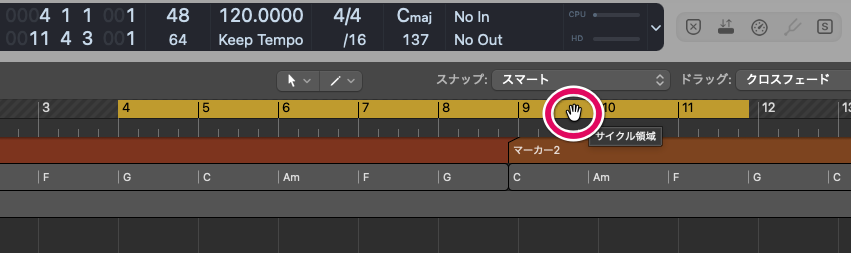 サイクル範囲にマウスポインターを置くと手のアイコンに変わる