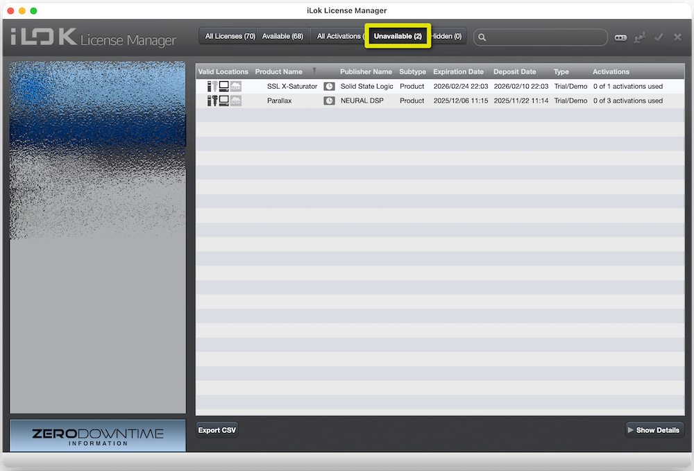 iLoc License Managerの「Unavailable」タブから利用できないプラグインを確認
